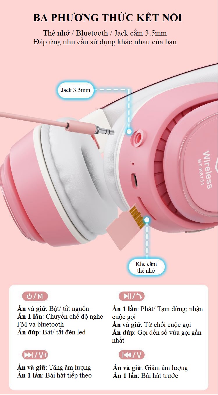 Tai nghe chụp tai Bluetooth 5.0 K6131 Macaron Hỗ Trợ Thẻ Nhớ, Dây 3.5mm, Đài FM - Hàng Nhập Khẩu