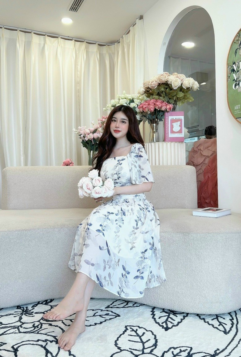 Đầm váy voan lụa nữ dự tiệc cổ vuông cách điệu ngực trắng xanh gợi cảm