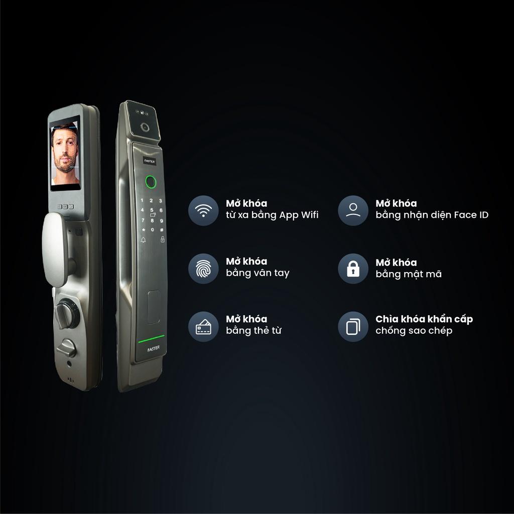 Khóa thông minh FS008FD3D-SV FASTER mở bằng FACE ID, app điêu khiển, thẻ từ, mật mã, an toàn cho gia đình