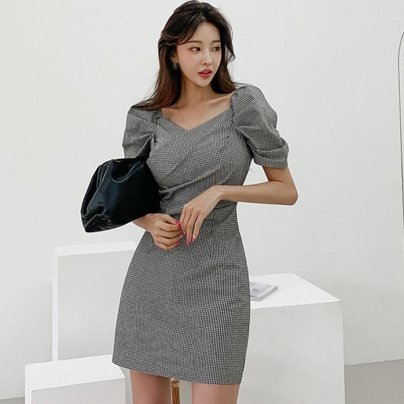 Đầm Nữ Ngắn Tay Cổ Chữ V Ca Rô Thời Trang Hàn