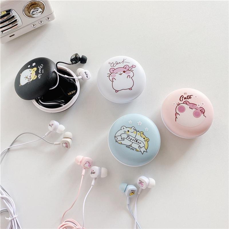 Tai Nghe Nhét Tai Có Dây 3.5mm Kèm Hộp Đựng Họa Tiết Hoạt Hình Dễ Thương