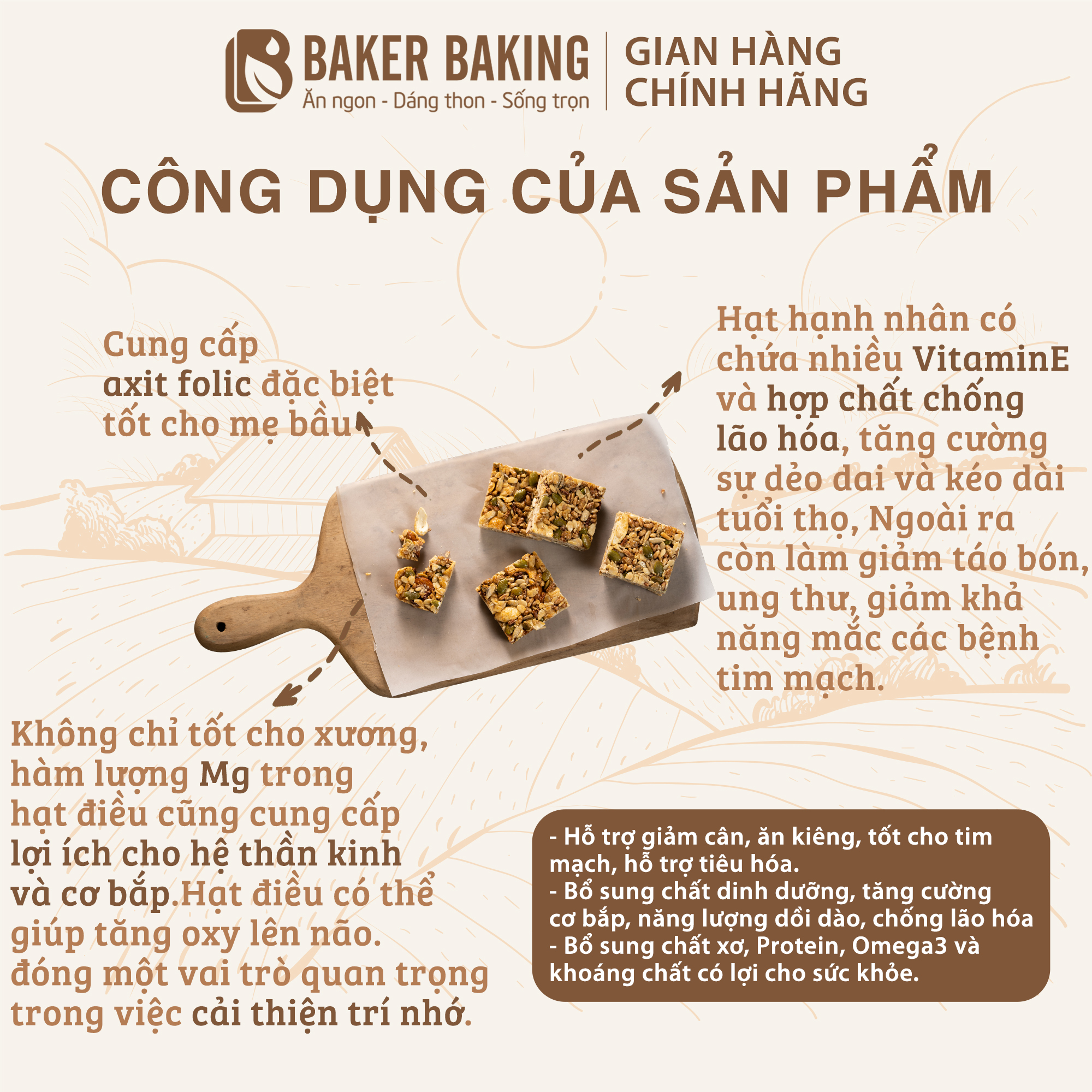 Bánh thanh hạt dinh dưỡng Baker Baking không đường, không chất bảo quản, tiện lợi hỗ trợ tập luyện, tăng cơ 100g