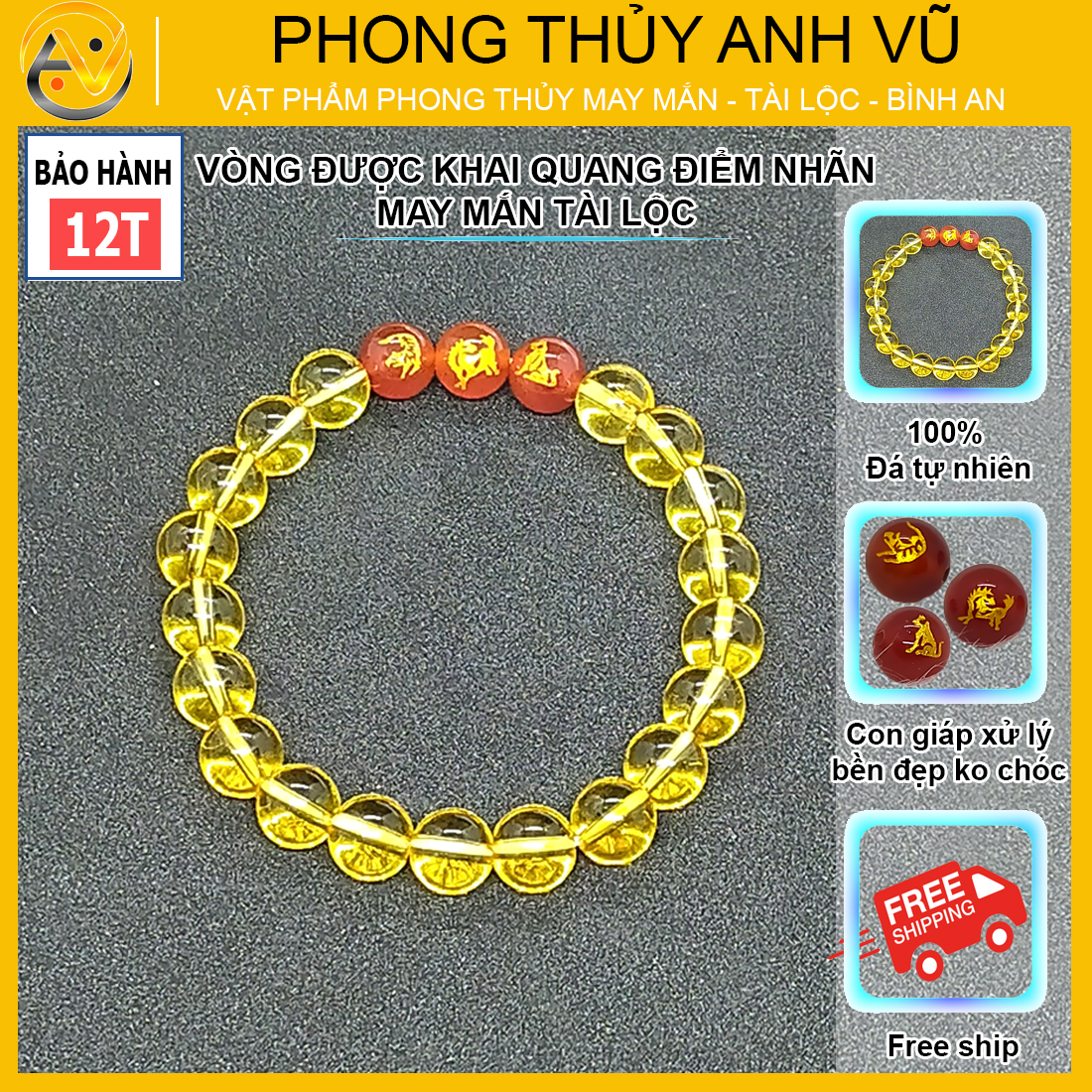 Vòng tay thạch anh vàng tam hợp dần ngọ tuất - size 8 10ly cho nữ mệnh thổ, mệnh kim - có khai quang điểm nhãn may mắn tài lộc - bảo hành 12 tháng - PHONG THỦY ANH VŨ