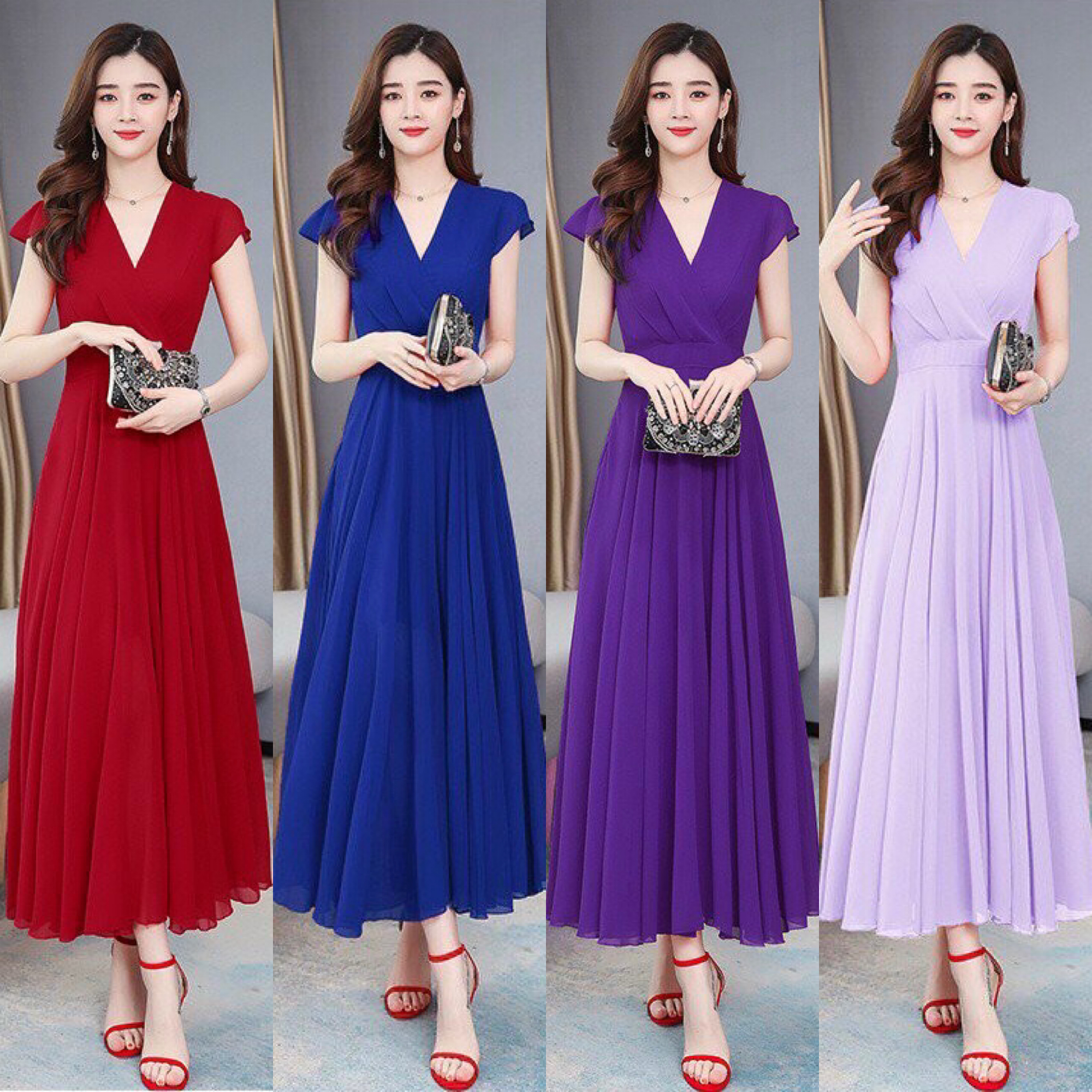 Đầm maxi cổ V tay con
