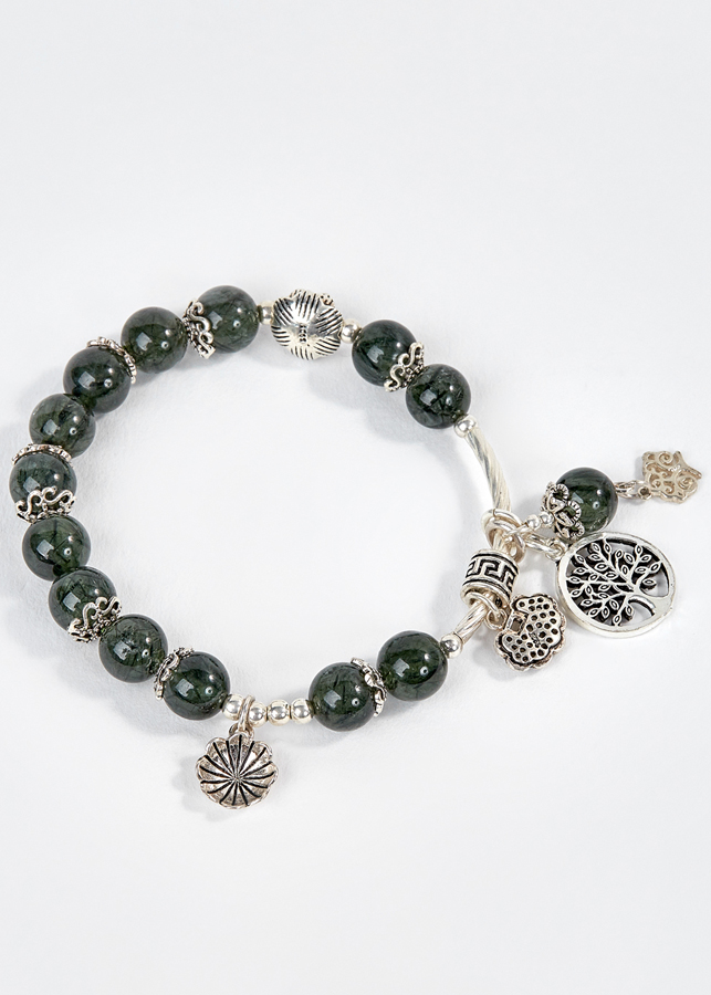 Vòng Tay Thạch Anh Tóc Xanh Phối Charm Cây Bạc Ngọc Quý Gemstones