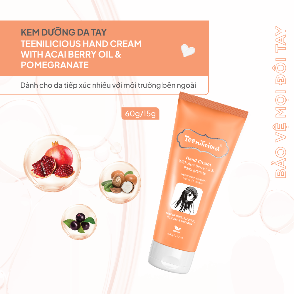 Kem Dưỡng Da Tay Teenilicious Hand Cream With Acai Berry Oil &amp; Pomegranate Giúp Dưỡng Ẩm, Mềm Mịn Da 60g