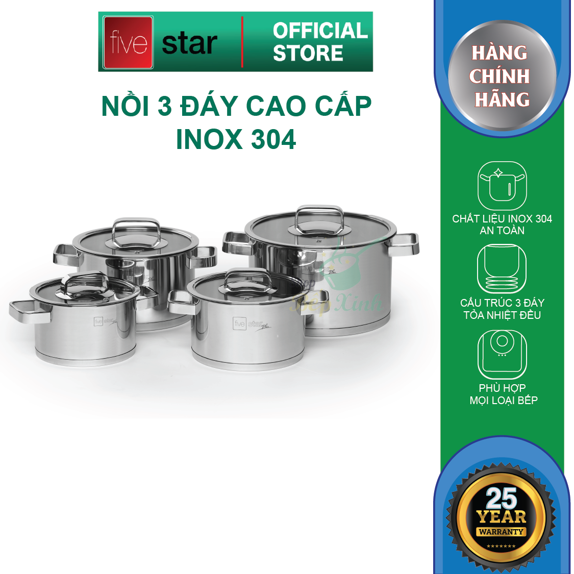 Bộ Nồi Inox 304 Fivestar Plush 3 đáy từ 4 Món Nắp Kính