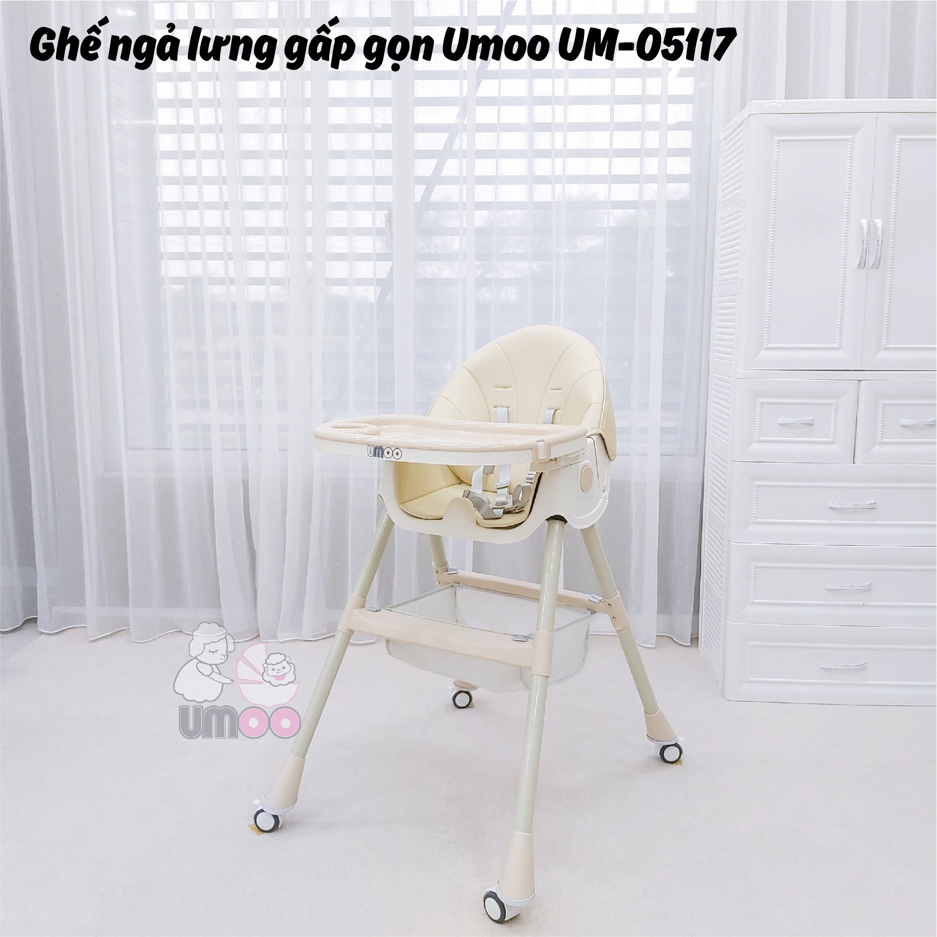 Ghế ngả lưng gấp gọn có bánh Umoo UM-05117 - Mã ghế đa zi năng nhất năm 2022, chấp hết mọi tư thế ăn nghiêng ngả của các siêu quậy nhí