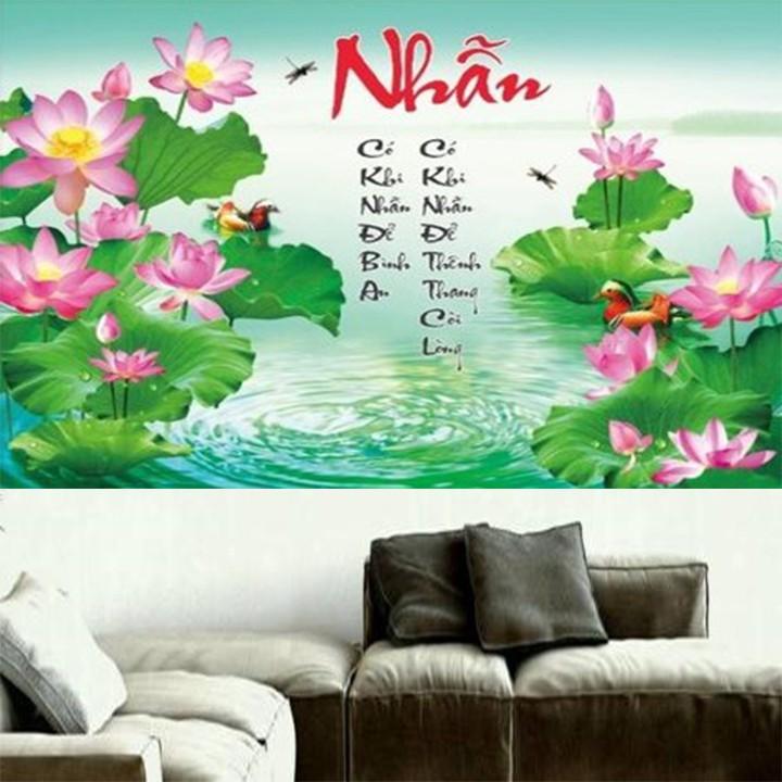 Tranh thêu thư pháp chữ nhẫn hoa sen LV3373 - kích thước: 75 * 47cm.