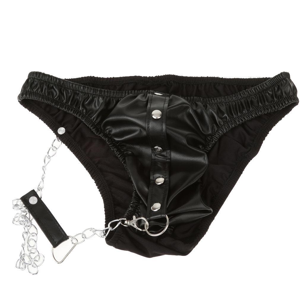 Mens PU leather G-string Underwear Chain Low Rise Briefs Thong Clubwear