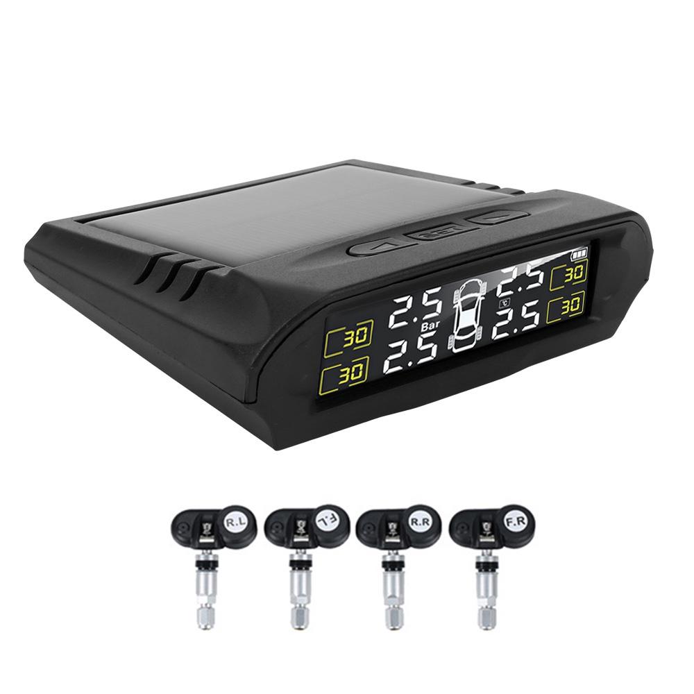 Màn hình LCD kỹ thuật số USB cảnh báo an ninh tự động TPMS với 4 cảm biến/thời gian/áp suất lốp/năng lượng mặt trời