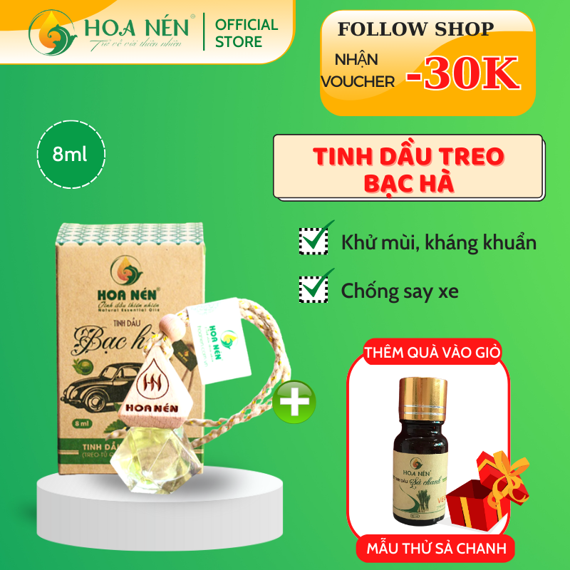 Tinh dầu treo Bạc hà nguyên chất - Hoa Nén - Vegan - Khử mùi, chống say xe, tăng tập trung.