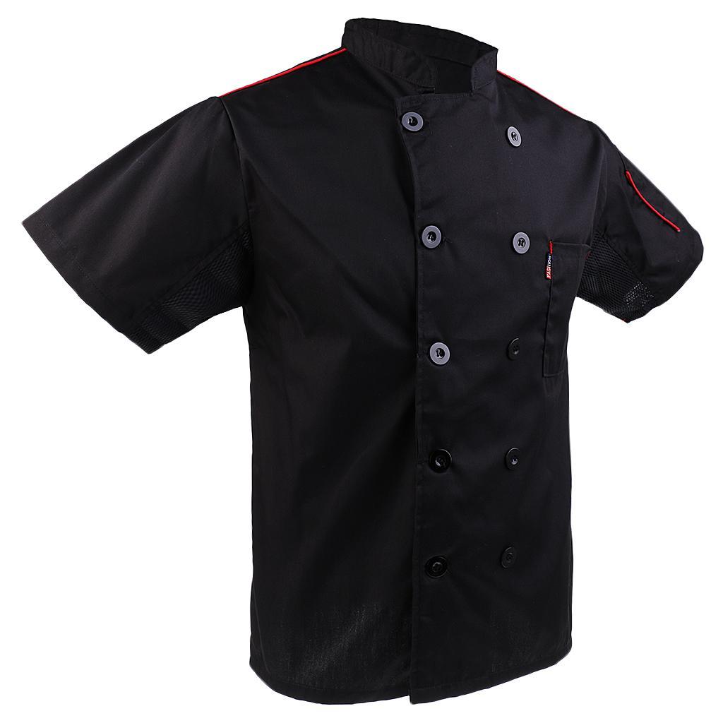Fashion Beret Chef Hat Chef Coat Jacket Net Short Sleeve with Pen Pockets Chef Wear Professional Kitchen Uniforms M