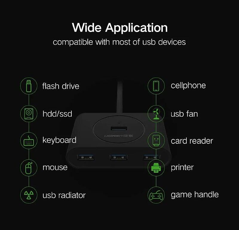 Ugreen UG50263CR113TK 25CM Màu Đen USB 3.0 Hub 4 Port With Power Port - HÀNG CHÍNH HÃNG