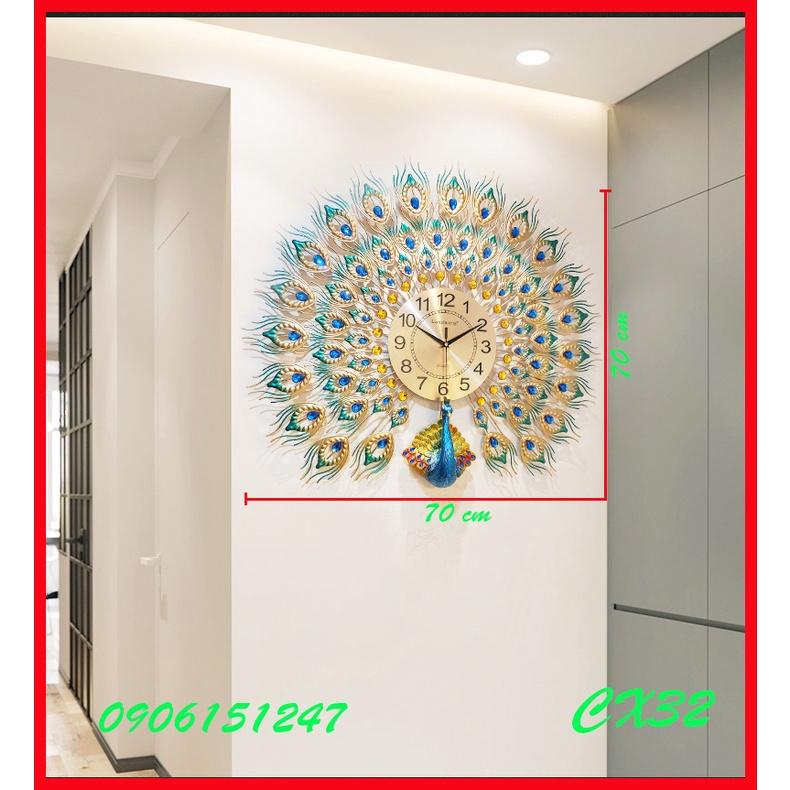 Đồng hồ treo tường trang trí decor chim công CX32 Khổng Tước xanh kích thước 70 x 70 cm