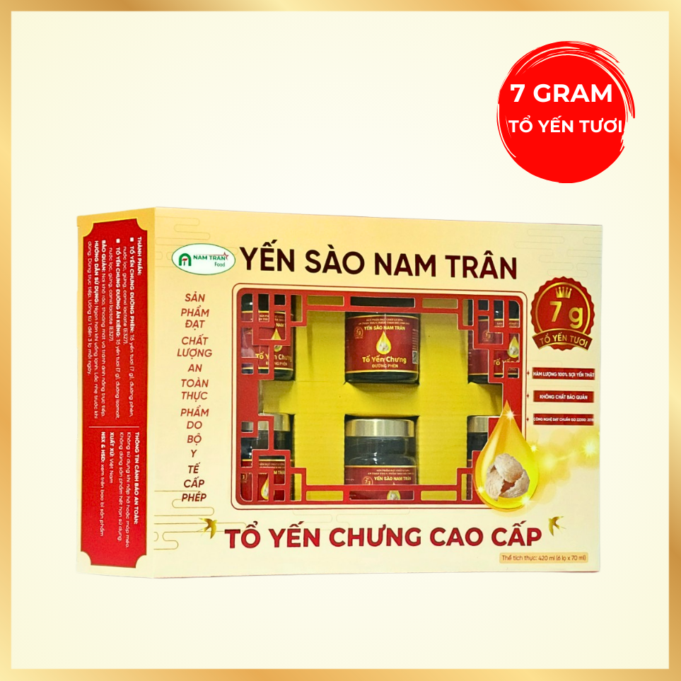 Yến chưng Đường Phèn NAM TRÂN 7 gram Tổ Yến Tươi giúp Bồi bổ sức khoẻ. Hộp ( 6 lọ x 70 ml )