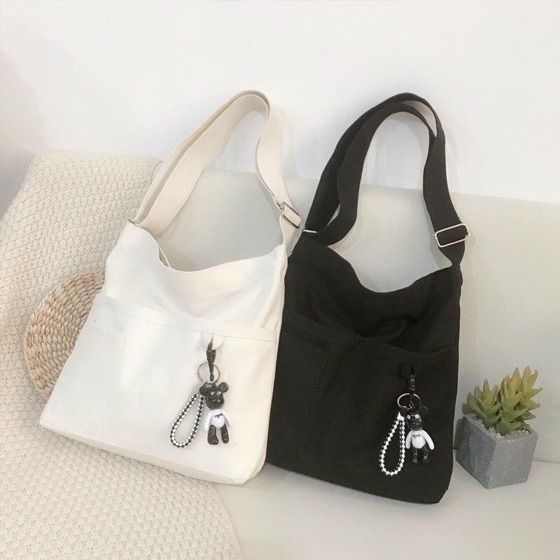 Túi Vải Đeo Chéo Nhiều Ngăn, Túi Tote Unisex Form Rộng Vải Canvas Ngăn Nhỏ 2 Màu