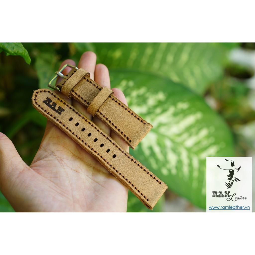 DÂY ĐỒNG HỒ DA BÒ THẬT NÂU VÀNG LỘN SÁNG - RAM CLASSIC 1960 - RAM LEATHER -ĐỦ SIZE 18,20,22,CASIO,APPLE WATCH