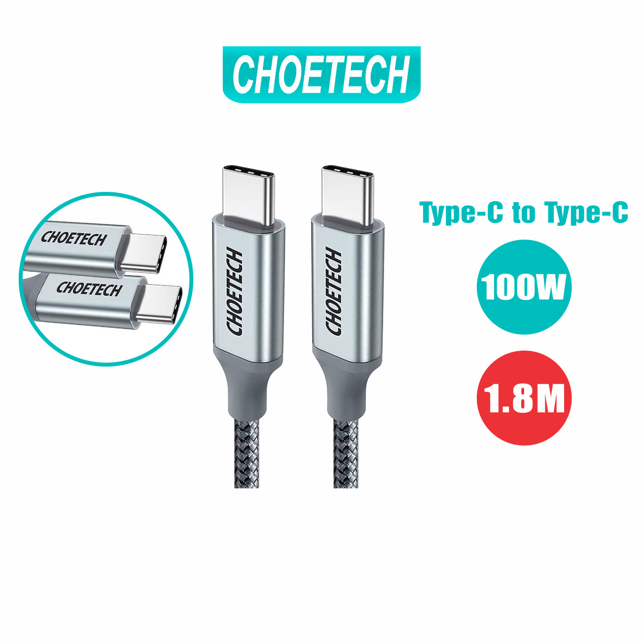 Dây Cáp Sạc Nhanh USB Type C to Type C 100W Dài 1.8M Chuyên Sạc iPhone 15, Macbook, Laptop, Smartphone CHOETECH XCC-1002-GY - Hàng Chính Hãng