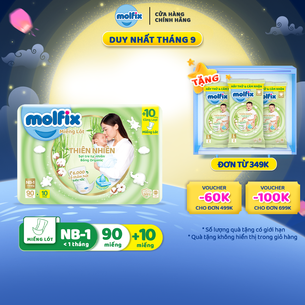 Miếng lót sơ sinh Molfix Thiên nhiên Super Jumbo Newborn 1 (dưới 1 tháng tuổi) - Gói 90+10 miếng