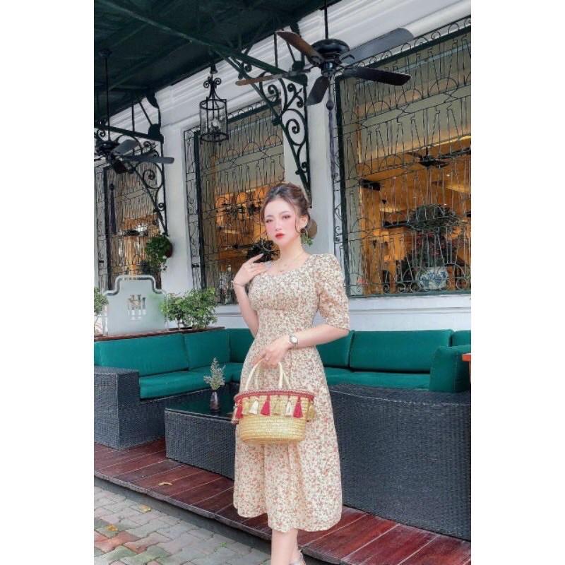 Váy đầm thiết kế hoa nhí tiểu thư cổ vuông tay bồng ulzzang