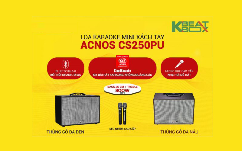 Loa kéo xách tay ACNOS KBEATBOX CS250PU - Bass 2.5 tấc, công suất 300W - Dàn karaoke di động tiện lợi - Hát karaoke không cần mạng - Kết nối bluetooth 5.0, USB - Thiết kế sang trọng, tiện lợi - Kèm 2 micro không dây UHF cao cấp - Hàng chính hãng