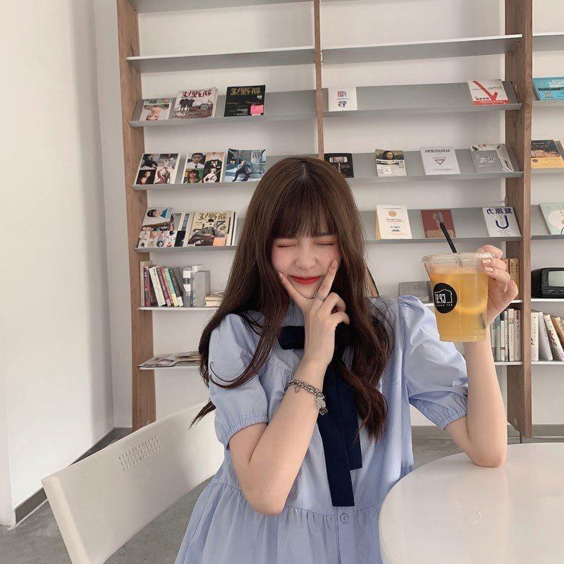 Đầm Sơ Mi Nữ Cổ Nơ Tay Bo Dáng Dài