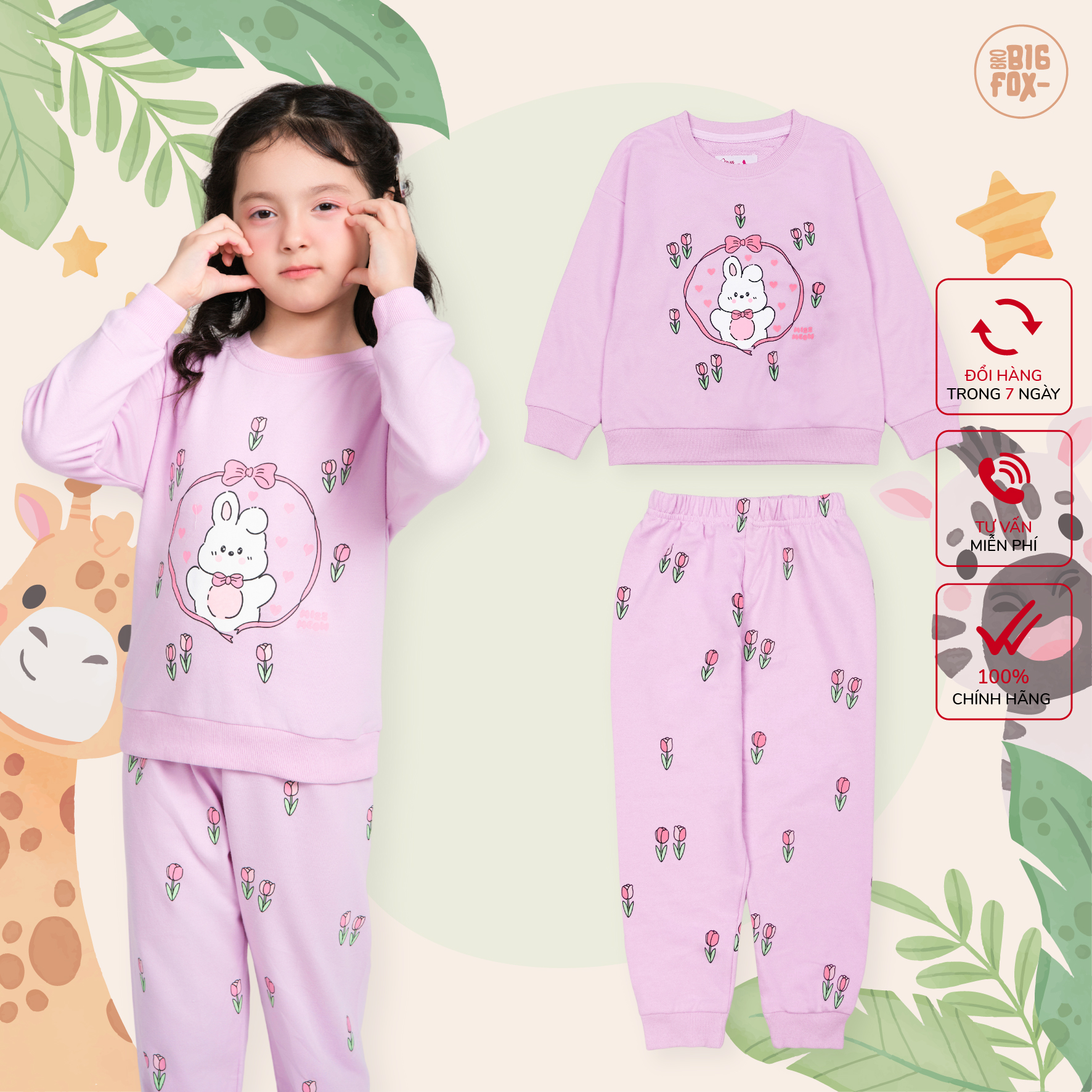 Bộ đồ nỉ bé gái size đại Bigfox Miss Meow áo dài tay thu đông mặc nhà cho trẻ em 3-11 tuổi 35kg