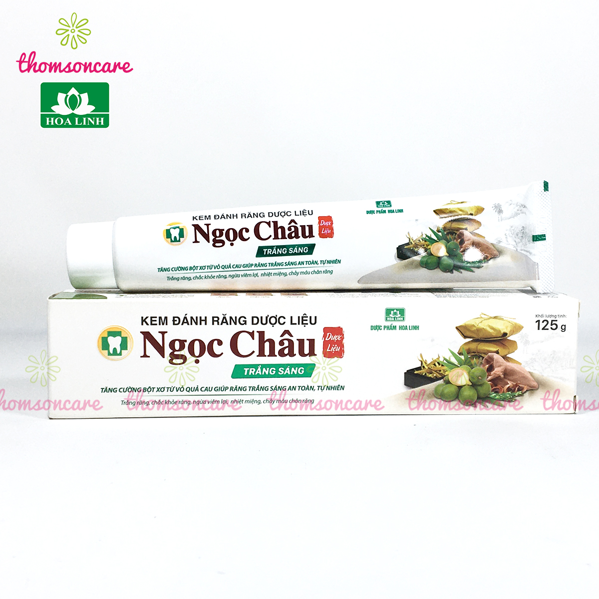 Kem đánh răng trắng sáng Ngọc Châu - Mẫu mới 125g từ vỏ cau và thảo dược - Giảm vết ố, mảng bám, sâu răngg