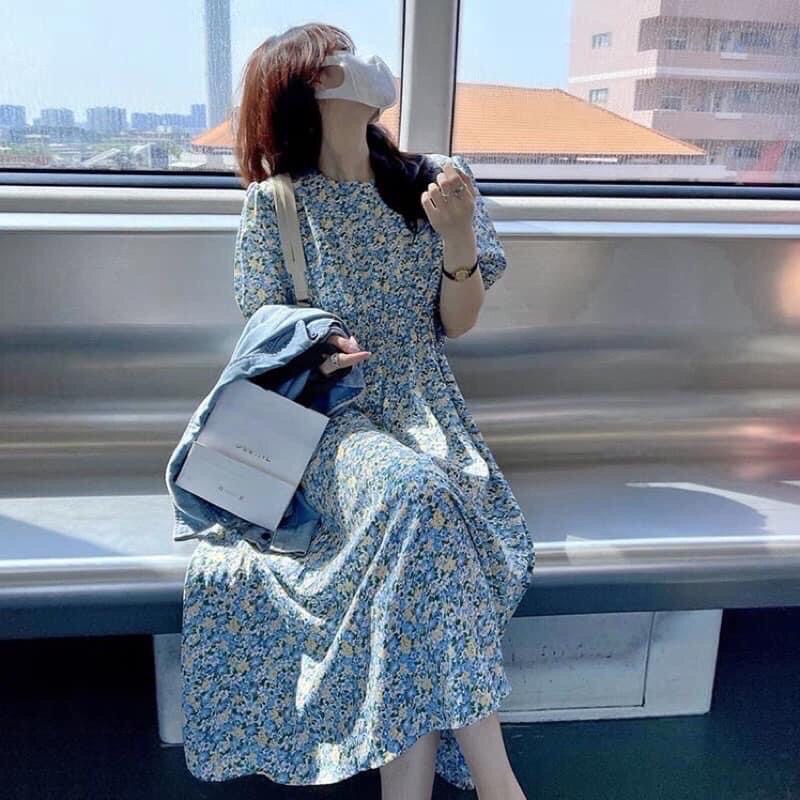 Đầm hoa nhí tay phồng bo eo co dãn