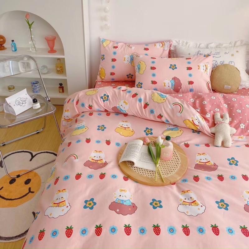 Bộ Chăn Ga Gối Cotton Living 100%côtton Hàng Nhập Khẩu Cao Cấp 4 Món Thỏ Hồng