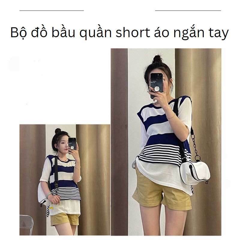 Bộ Đồ Bầu Mặc Hè Cao Cấp Áo Ngắn Tay Quần Short Có Chun Chỉnh Bụng Họa Tiết Nhẹ Nhàng ( Màu xanh nhạt)