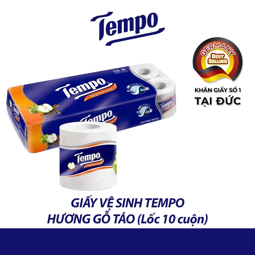 Giấy vệ sinh cao cấp Tempo Applewood (10 Cuộn/bịch) hương gỗ táo + tặng kèm lốc khăn giấy Memo