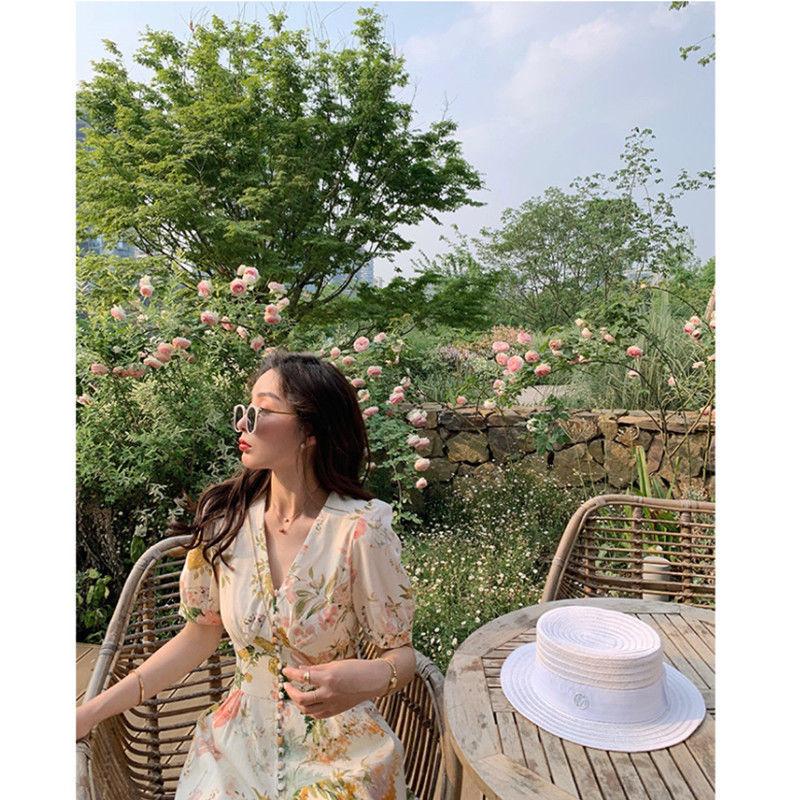 TOBE1SHOP 2023 Xuân/Hè Jumpsuit Nữ dài tay áo Hàn Quốc V cổ đèn lồng tay áo đầm in váy cao eo rộng chân quần