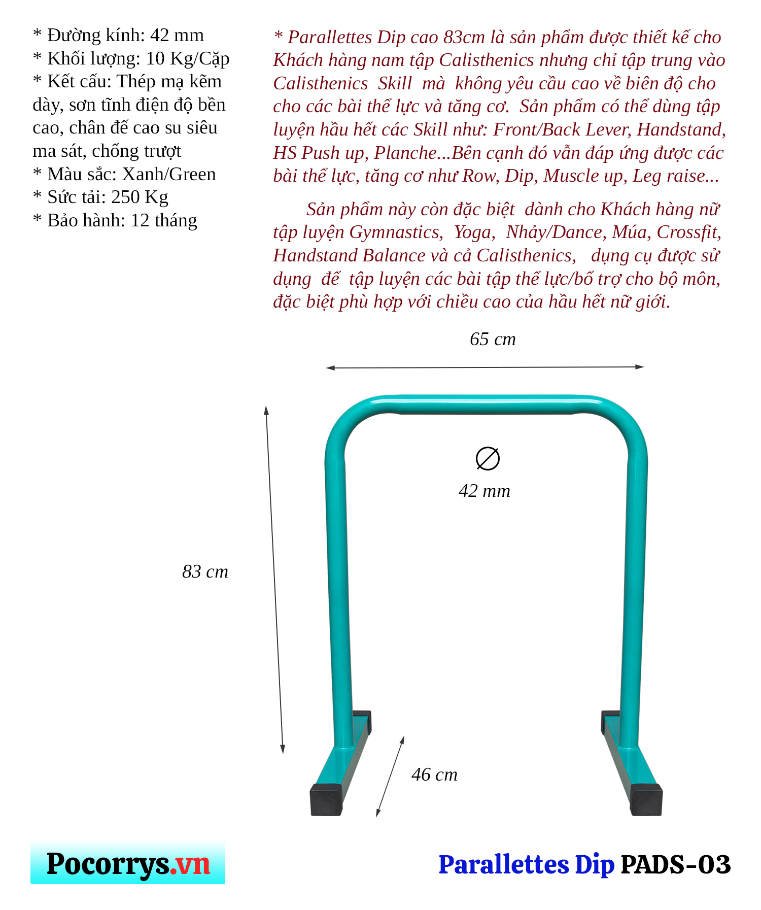 Xà kép Parallettes Dip Bars cao 83cm, Pocorrys PADS-03, Màu xanh