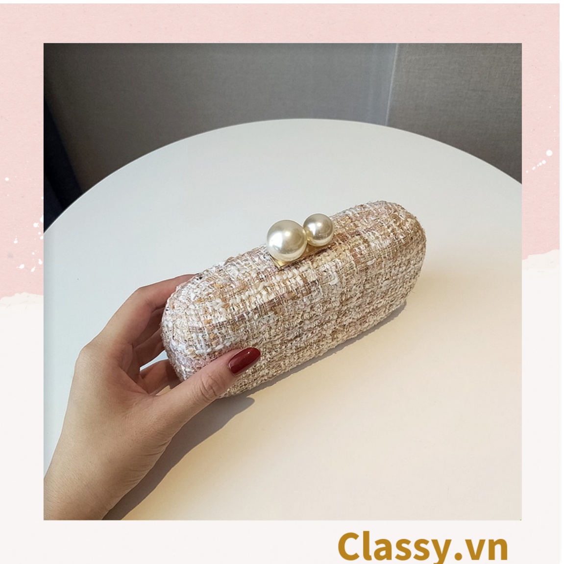 Clutch cầm tay đi tiệc màu be, vải tuýt sang trọng T312