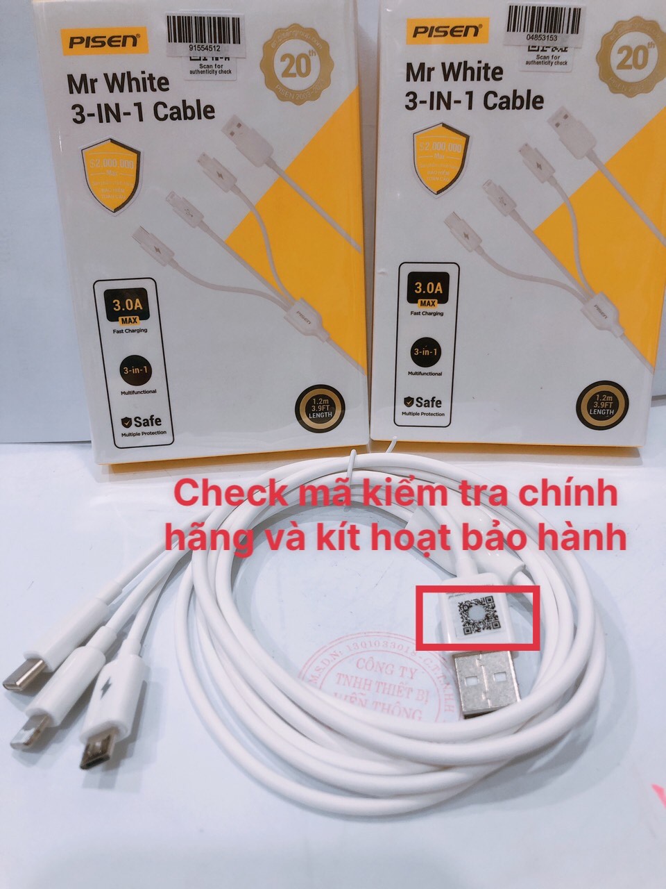 Cáp sạc nhanh PISEN 3 đầu (L/ Type-C/ Micro) dòng điện 3A dài 1,2m ( Mr White)), hàng chính hãng