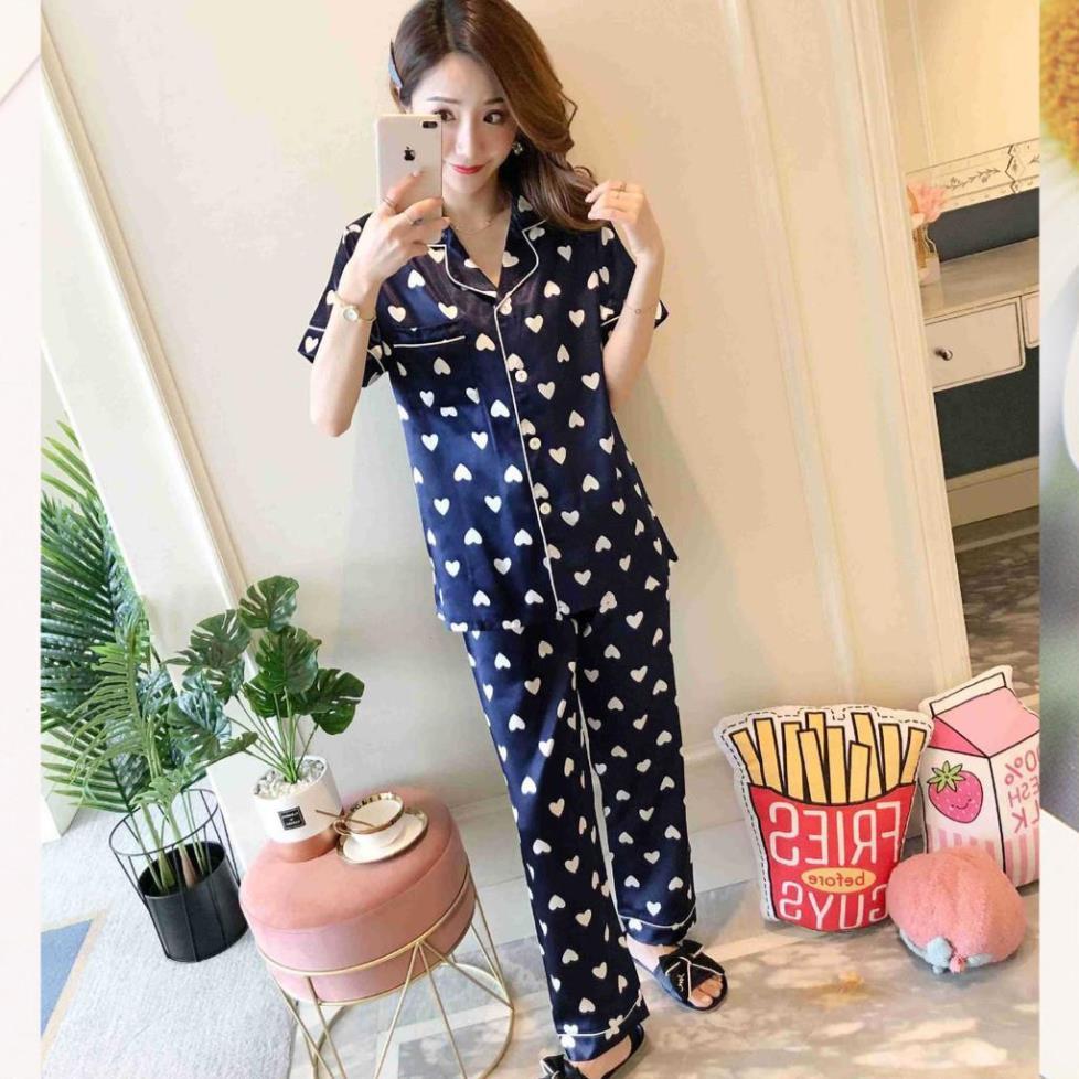 Đồ bộ dài nữ ️ ̀  ̂́ ️ Bộ Pijama lụa đẹp quyến rũ, áo ngắn tay, quần dài, dáng ngọt ngào B56A