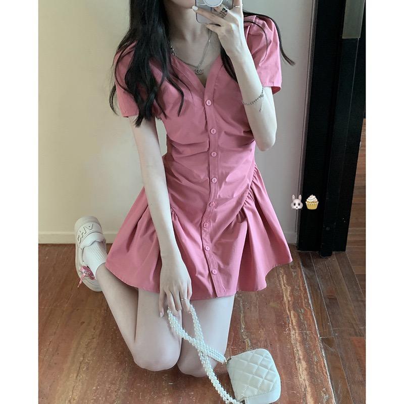 MS750 Váy đầm sơ mi cổ bẻ xếp ly eo đuôi cá