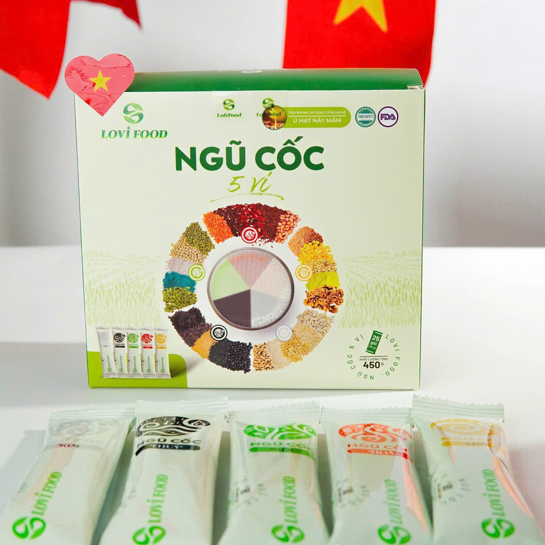 Ngũ Cốc 5 Vị LoviFood Hộp 480g (25 gói x 18g) - Thực Phẩm Bổ Sung Dinh Dưỡng Cho Mẹ Bầu, Sau Sinh, Người Già, Người Tiểu Đường, Ăn Chay, Ăn Kiêng, Eat Clean, Healthy, Tốt Cho Tim Mạch, Giúp Ngủ Ngon Hơn