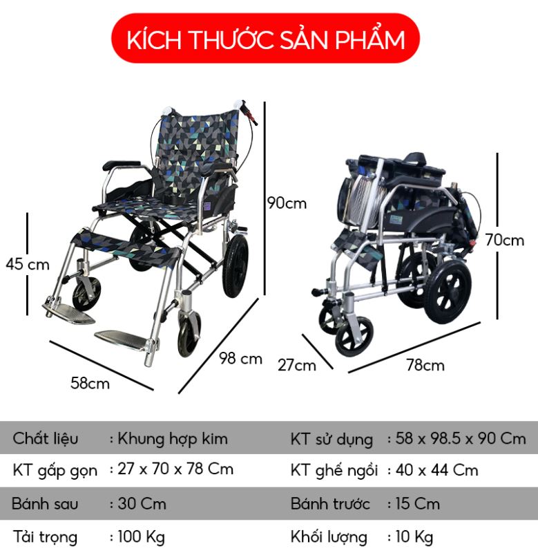 Xe lăn khung nhôm NIKITA, Trọng lượng nhẹ, kích thước xếp gọn siêu nhỏ, có quai xách để xách tay - NIKITA BH 12T