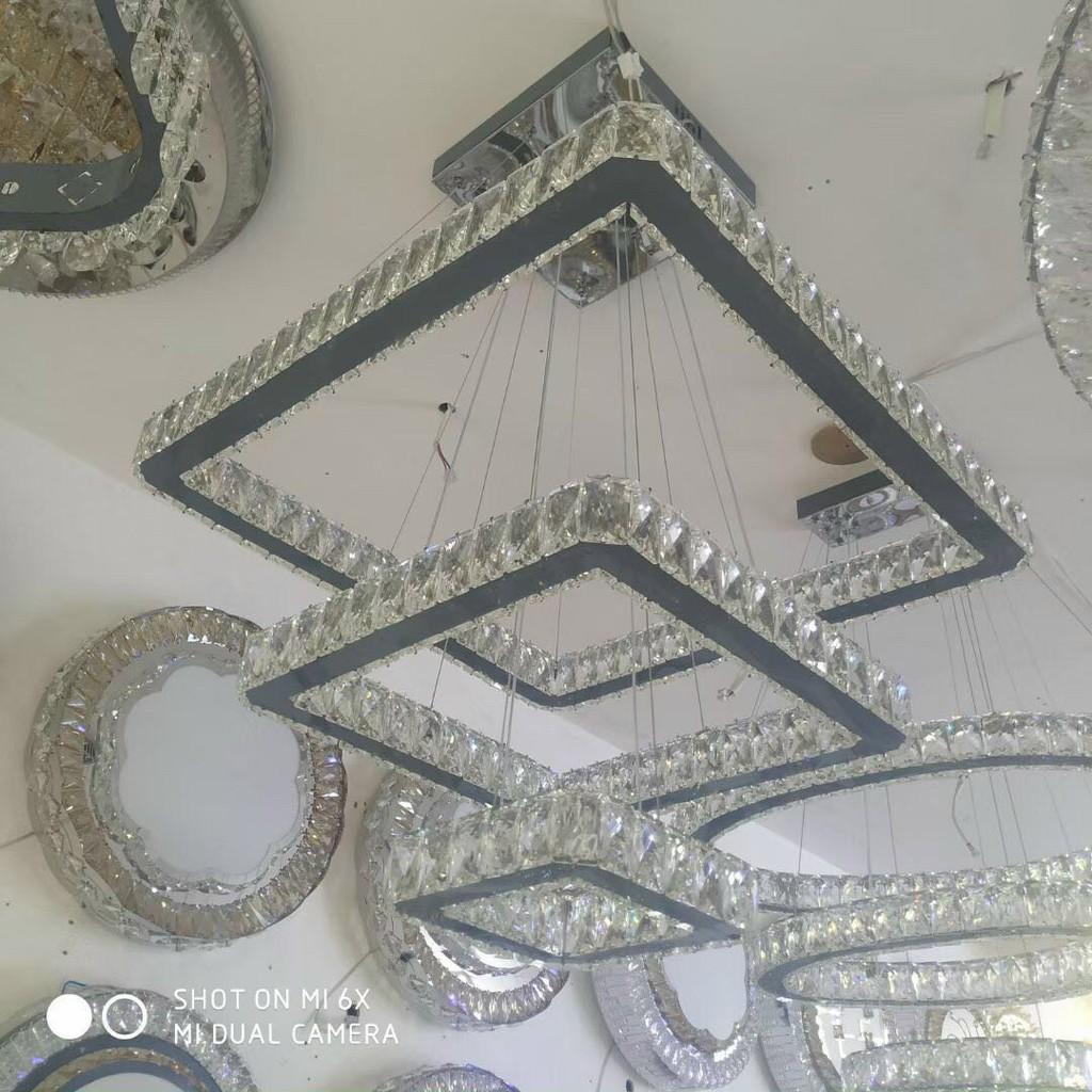 Đèn thả trang trí pha lê, đèn thả 3 vòng hình vuông kích thước 200-400-600, 3 chế độ ánh sáng trang trí bàn ăn