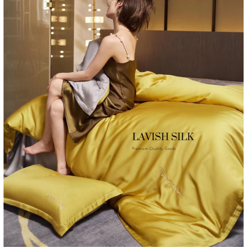 Trọn Bộ Ga Gối Lụa Kèm Chăn Sẵn Ruột + Tặng Bộ Quà Tặng Lavish Silk Cao Cấp - Vàng Chanh Mix Hồng Phấn