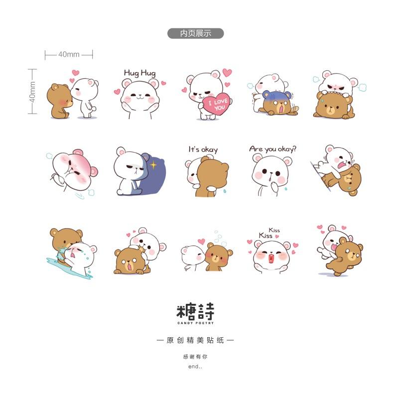 15 Sticker gấu ôm ôm, thỏ con, cô gái nhỏ đáng yêu loại lớn 4x4 cm