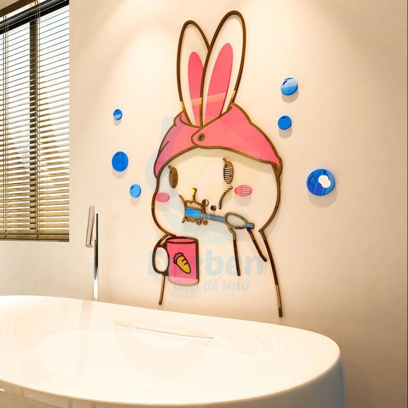 Tranh dán tường mica 3d decor khổ lớn bé thỏ trang trí mầm non, mẫu giáo, phòng cho bé