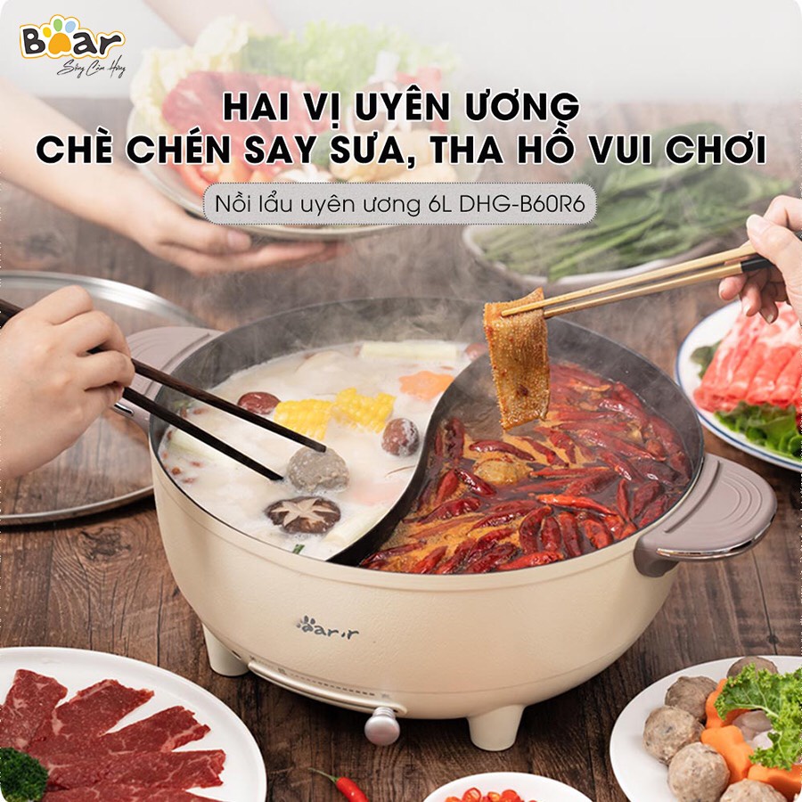 Nồi lẩu điện đa năng 2 ngăn uyên ương, Bear Nồi lẩu rời,nướng, chiên, xào, nấu canh chính hãng Bear dung tích 5 L model DHG-P50F1