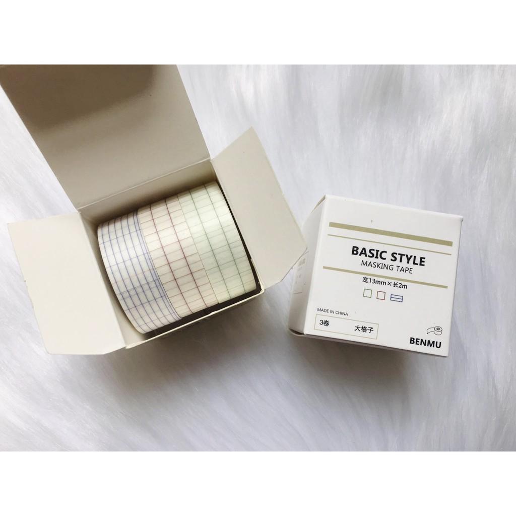 Hộp 3 Cuộn Washi Tape Grid Kẻ Ô Vuông - Masking Tape Dòng Kẻ Trang Trí Sổ Bullet Journal