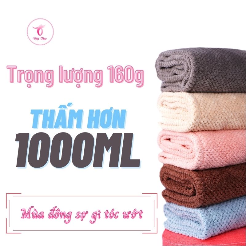 Khăn ủ tóc nhanh khô VIỆT THƯ, khăn quấn tóc microfiber 2 lớp siêu dày, siêu mềm, siêu thấm, 25x65cm, 160gr – Hàng Chính Hãng