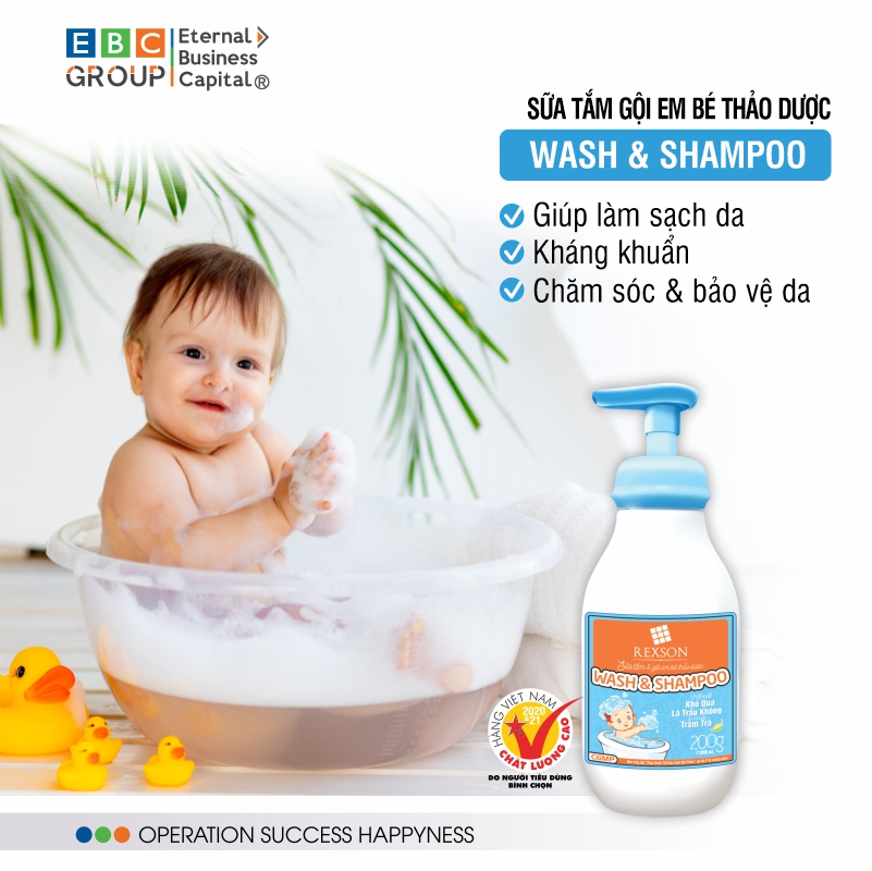 [Rexson] WASH SHAMPOO Sữa Tắm Và Gội Em Bé Thảo Dược, ngừa hăm tã, rôm sảy, ngừa mụn, dịu da, dưỡng da