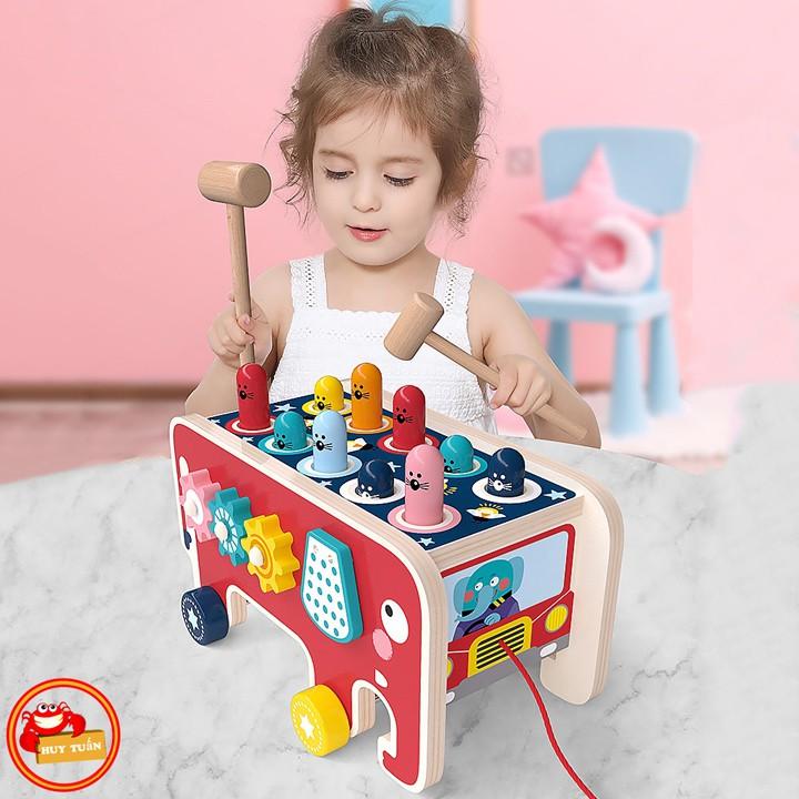 Đồ chơi xe kéo đập chuột hình chú voi dễ thương bằng gỗ